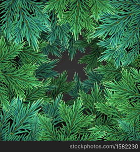 Background with green realistic christmas tree branches for greeting card