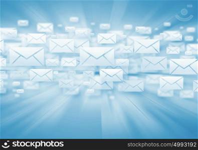 Background with media email icons on blue . Media background