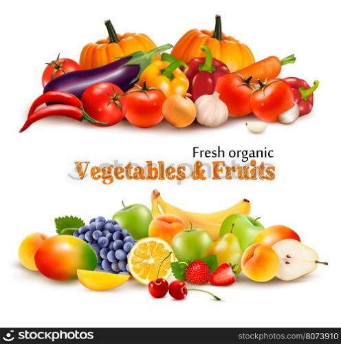Background With Organic Fresh Vegetables. and Fruits Healthy Food. Vector illustration