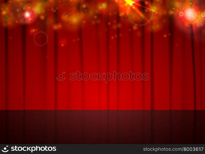 Background with red curtain and shiny lights. Abstract background with red curtain and shiny lights