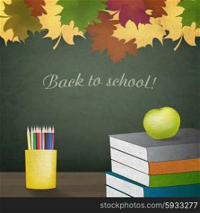 Background With School Blackboard, Wooden Desk, Maple Leafs, Schoolbooks, Apple, Colored Pencils And Title Inscription
