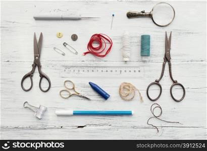 Background with sewing and knitting tools and accesories