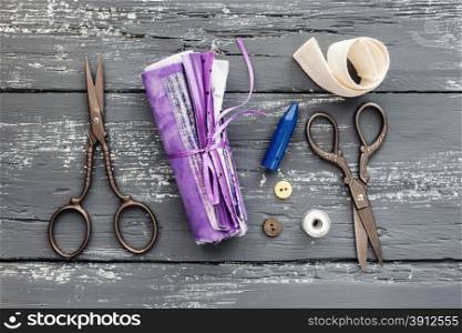 Background with sewing and knitting tools and accesories