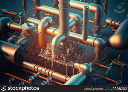Background with shiny factory pipes. Industrial pipeline communications, technology abstract. Generated AI