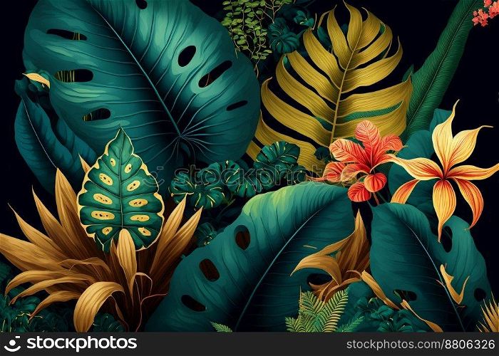 Background with tropical jungle plants on black background
