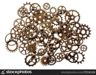 Backgrounds and textures: assorted group of brass pinions, industrial abstract. Group of brass pinions