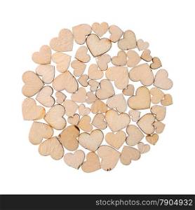 Backgrounds and textures: circle made of small wooden lasercut hearts, isolated on white background