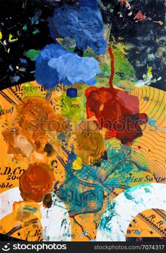 Backgrounds and textures: colorful paint spots, closeup shot, abstract texture. Artist palette with colorful paint spots
