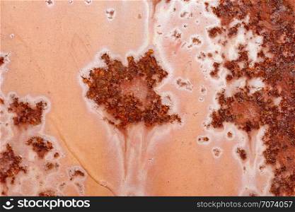Backgrounds and textures: macro shot of rust on old paint, artistic pattern, industrial or organic abstract. Artistic rust pattern on old paint