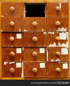 Backgrounds and textures: very old wooden cabinet with drawers. Wooden cabinet with drawers