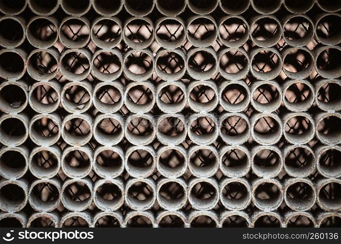 Backgrounds, patterns and textures concept. Dusty metal circles pattern, inside of machine. Metal circles pattern, inside of machine