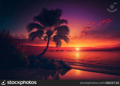 Backlit palm trees and sandy beach fills the foreground leading back to dramatic sunburt sunset