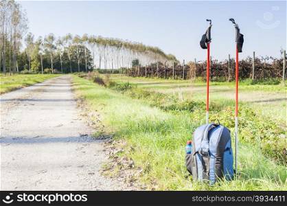 Backpack and sticks to do nordic walking on country roads.