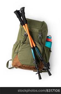 backpack and trekking poles on white background. backpack and trekking poles