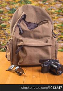 Backpack, camera and sunglasses with a background of autumn leaves.. Tourist backpack, camera and glasses on the background of autumn leaves