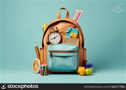 Backpack Surrounded by School Stationery. Generative ai. High quality illustration. Backpack Surrounded by School Stationery. Generative ai