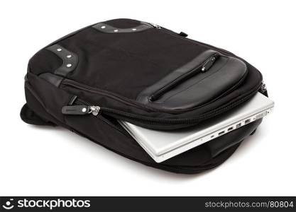 backpack with a laptop on a white background