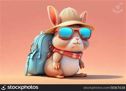 Backpacker bunny wearing brown hat and sunglasses on a colorful background. Generative AI 