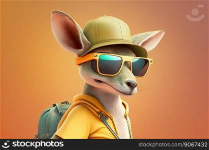 Backpacker cangaroo wearing yellow hat and sunglasses on a orange background. Generative AI 