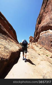 Backpacker in mountains