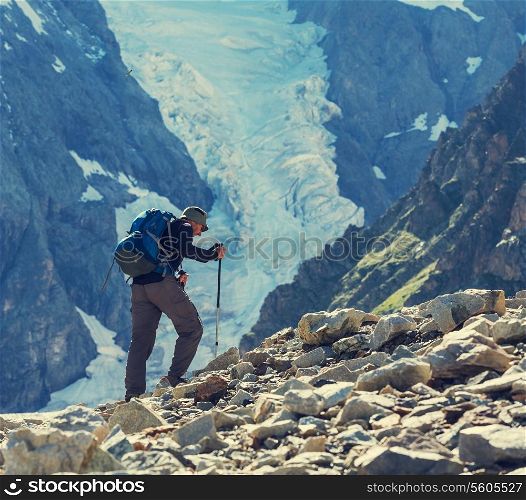 Backpacker in mountains