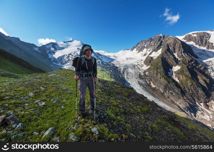 Backpacker in mountains