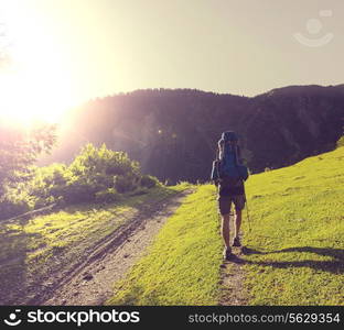 Backpacker in mountains