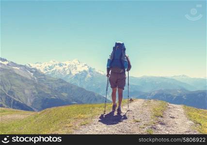 Backpacker in mountains
