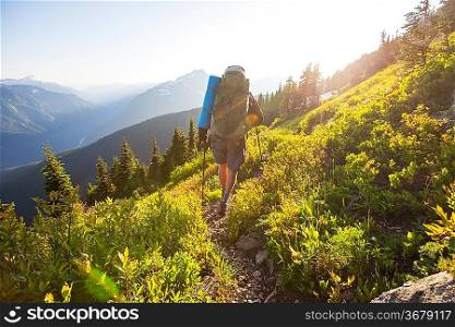 backpacker in summer mountains