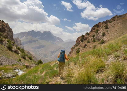 Backpacker in the summer mountains