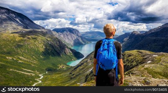 backpacker mountains panorama