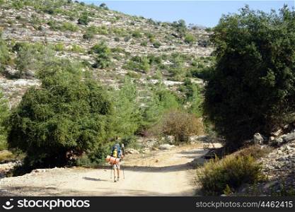 Backpacker on the road in Judea mountain national park, Israel