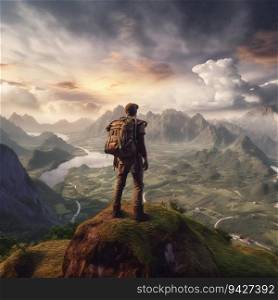 Backpacker Standing on Top of a Mountain, Looking Out Over a Breathtaking Landscape. Generative ai. High quality illustration. Backpacker Standing on Top of a Mountain, Looking Out Over a Breathtaking Landscape. Generative ai
