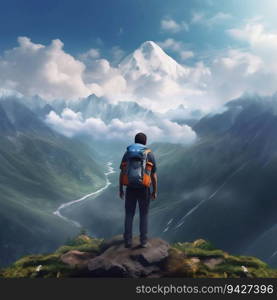 Backpacker Standing on Top of a Mountain, Looking Out Over a Breathtaking Landscape. Generative ai. High quality illustration. Backpacker Standing on Top of a Mountain, Looking Out Over a Breathtaking Landscape. Generative ai