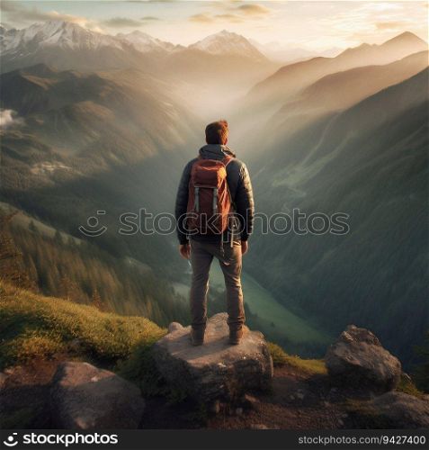 Backpacker Standing on Top of a Mountain, Looking Out Over a Breathtaking Landscape. Generative ai. High quality illustration. Backpacker Standing on Top of a Mountain, Looking Out Over a Breathtaking Landscape. Generative ai