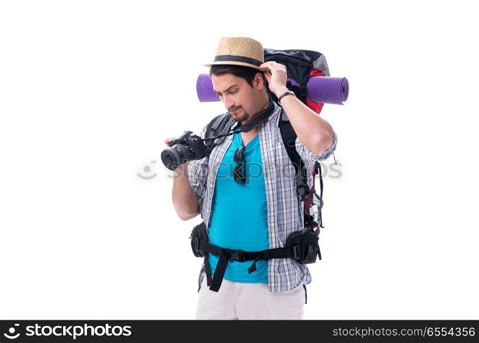 Backpacker with camera isolated on white background
