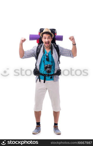 Backpacker with camera isolated on white background