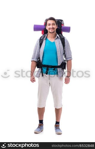 Backpacker with large backpack isolated on white
