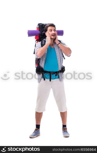 Backpacker with large backpack isolated on white