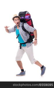 Backpacker with large backpack isolated on white