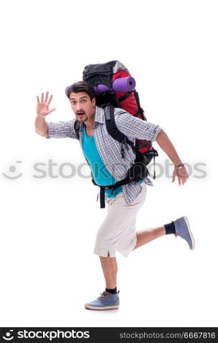 Backpacker with large backpack isolated on white
