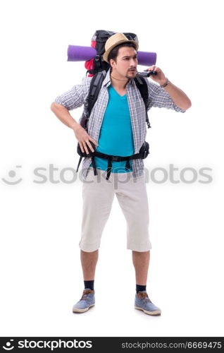 Backpacker with large backpack isolated on white