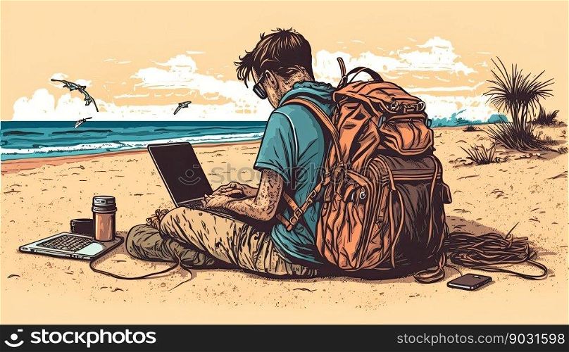 Backpacking guy working in the beach. Remote working concept. Generative AI
