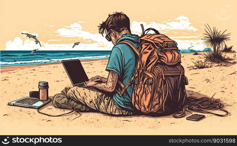 Backpacking guy working in the beach. Remote working concept. Generative AI