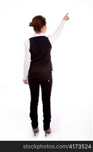 backpose of indictaing businesswoman on an isolated white background