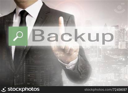Backup browser with business man and city concept.. Backup browser with business man and city concept