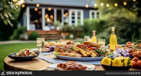 Backyard Dinner Table with Tasty Grilled Barbecue meat, bokeh light in golden hour