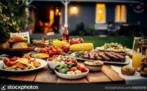 Backyard Dinner Table with Tasty Grilled Barbecue meat, bokeh light in golden hour