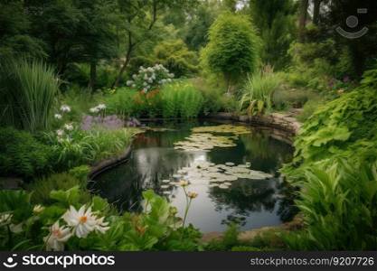 backyard pond surrounded by lush greenery and blooming flowers, created with generative ai. backyard pond surrounded by lush greenery and blooming flowers