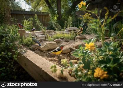 backyard wildlife paradise with diverse species of birds, insects, and reptiles, created with generative ai. backyard wildlife paradise with diverse species of birds, insects, and reptiles